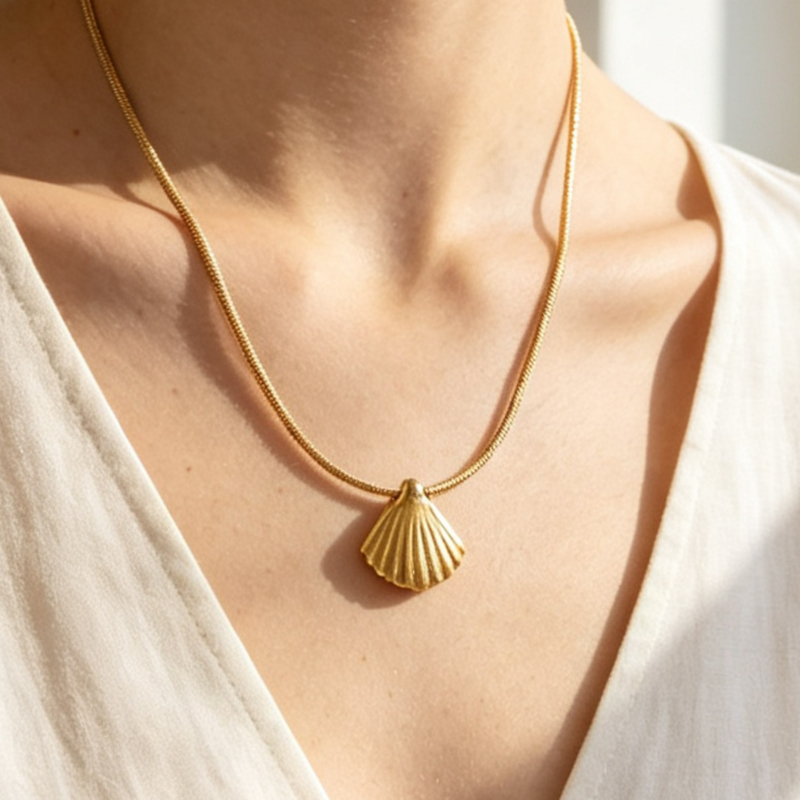 Golden-tone Scallop Shell Pendant Necklace